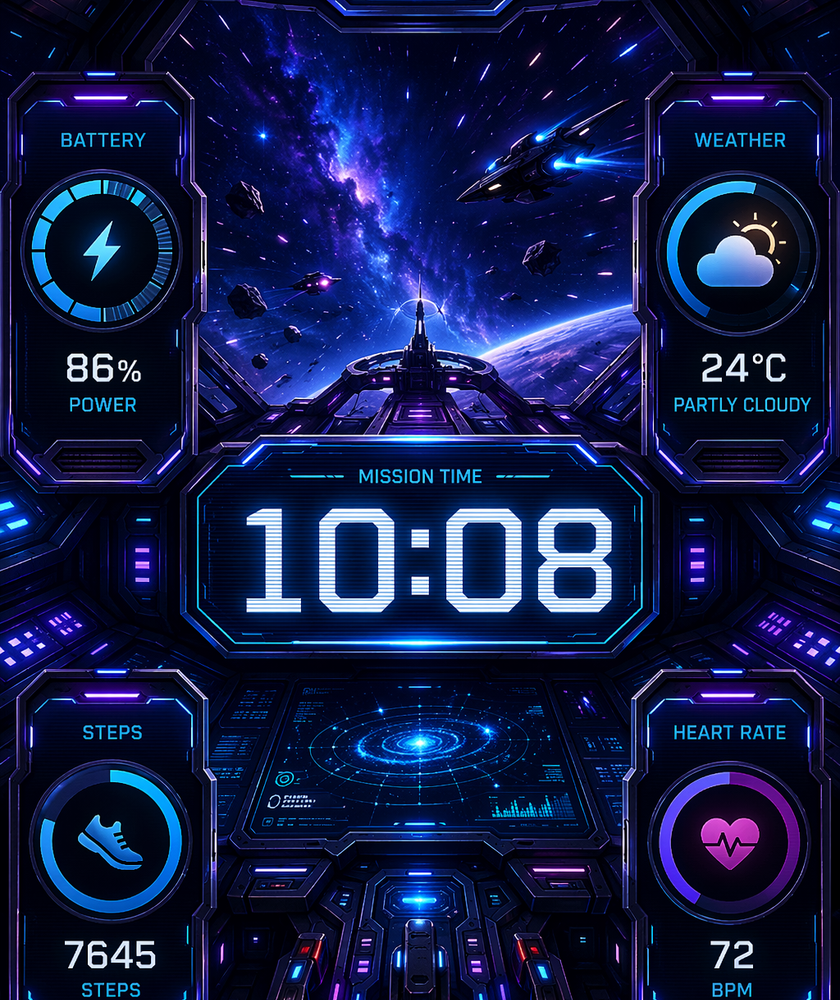 精选表盘:星际飞船座舱表盘,深空蓝紫和粒子光,时间像舰桥主屏,电…